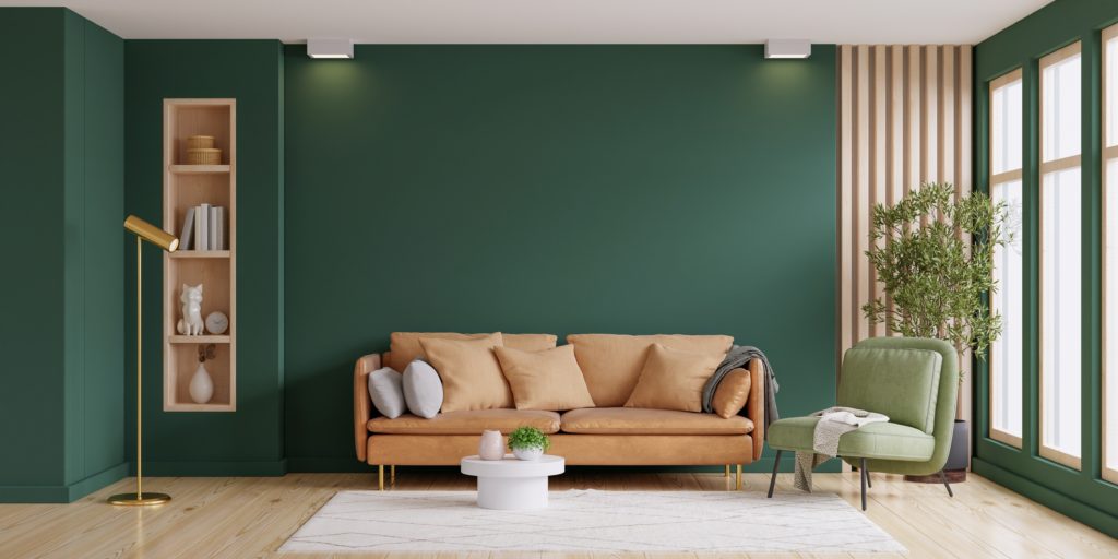 Light,Room,With,Sofa,And,Armchair,On,Empty,Dark,Green